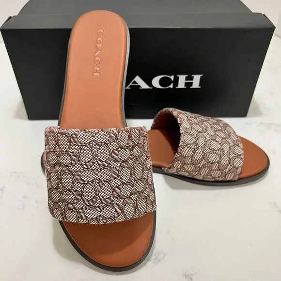 Coach Tan & Brown Signature Monogram Slide Sandals - Picture 5 of 12